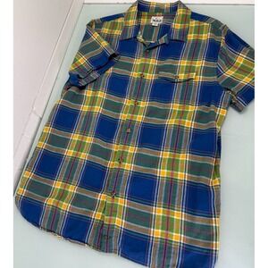 VTG Woolrich Men Shirt Loop Collar Large L Linen Cotton Madras Short Sleeve